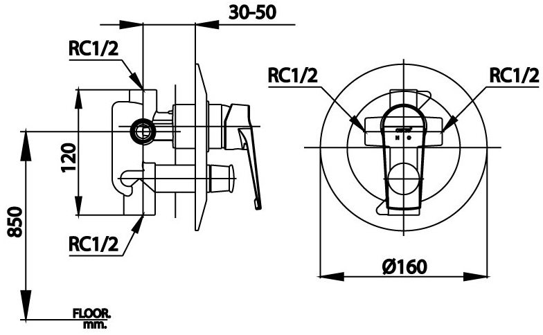 Bản vẽ van điều chỉnh âm tường ct 2249 av Cotto nóng lạnh 