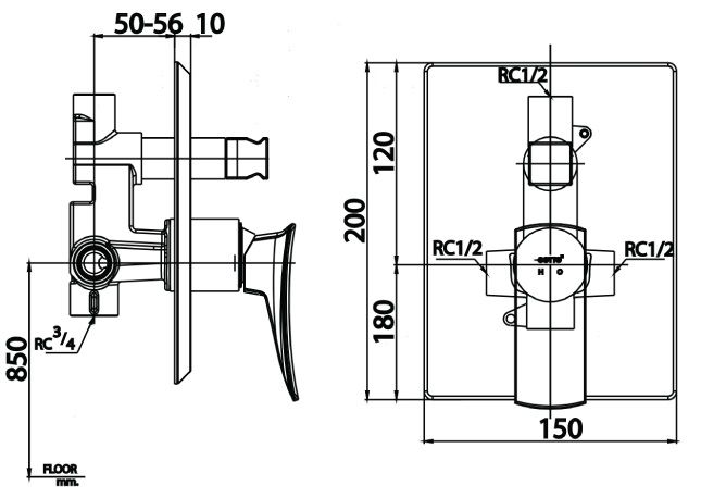 Bản vẽ van điều chỉnh âm tường Cotto ct 2194a crg nóng lạnh