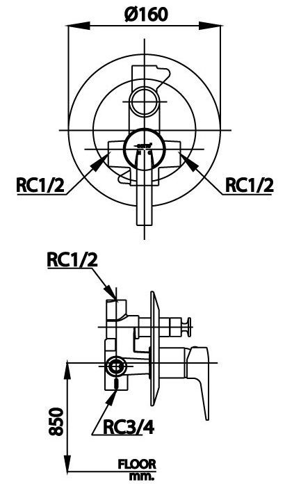 Bản vẽ kích thước van điều chỉnh âm tường ct 2267a Cotto