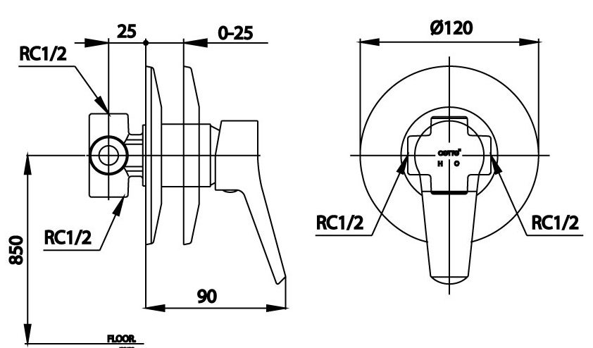 Bản vẽ kích thước van điều chỉnh âm tường ct 2293a  Cotto