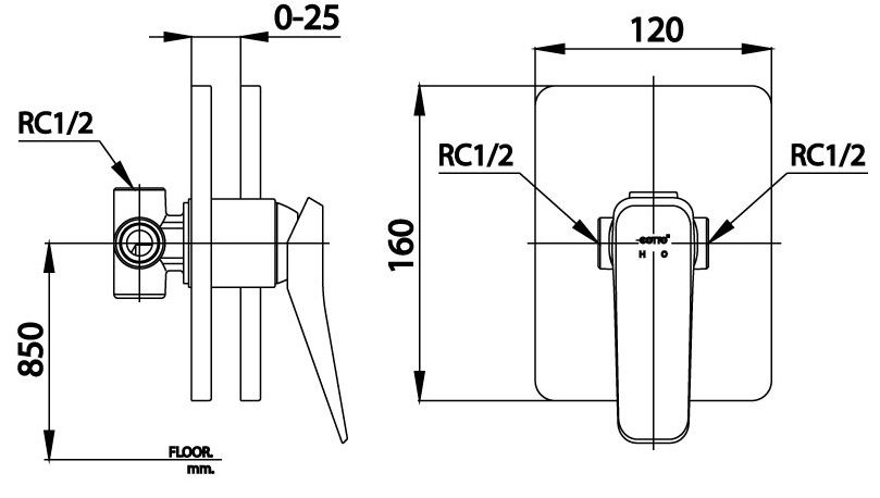 Bản vẽ van điều chỉnh âm tường ct  2303 a Cotto nóng lạnh 