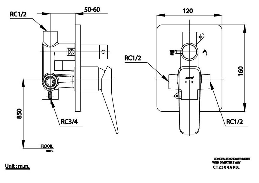 Bản vẽ kích thước van điều chỉnh CT 2304A BL âm tường 