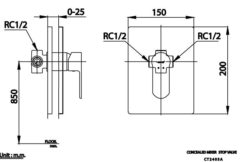 Bản vẽ van điều chỉnh âm tường ct 2403 a  Cotto nóng lạnh 