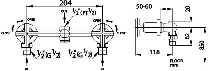 Bản vẽ kích thước van âm tường ct 254 c16  Cotto nóng lạnh 