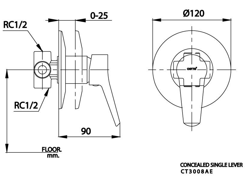 Bản vẽ van điều chỉnh âm tường CT 3008AE   Cotto nóng lạnh 