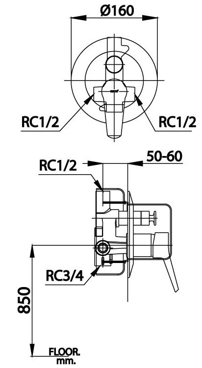 Bản vẽ van điều chỉnh âm tường ct  3009 aev Cotto nóng lạnh 