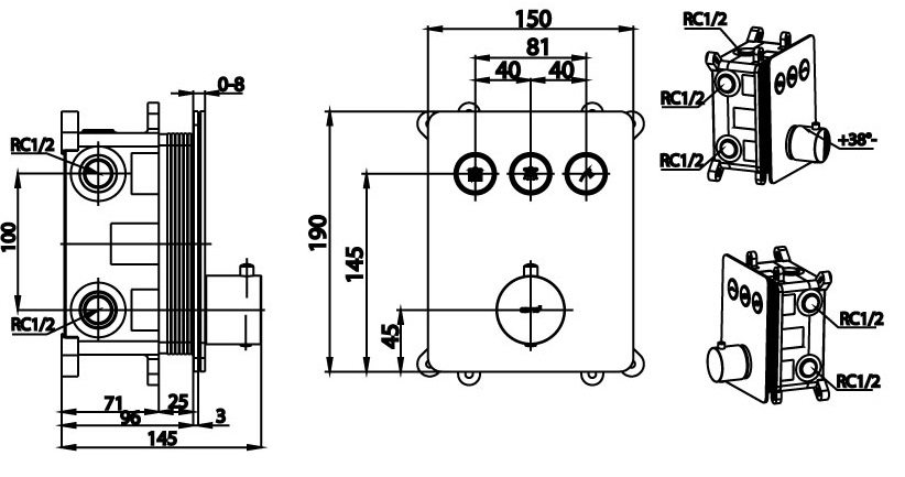 Bản vẽ kích thước van điều chỉnh âm tường Cotto CT 3017 nhiệt độ