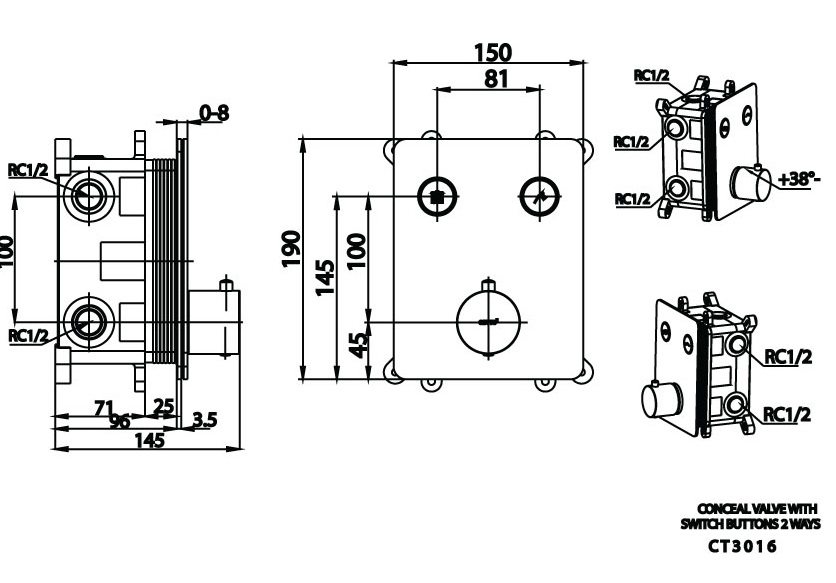Bản vẽ kích thước van điều chỉnh âm tường Cotto CT 3016 nhiệt độ