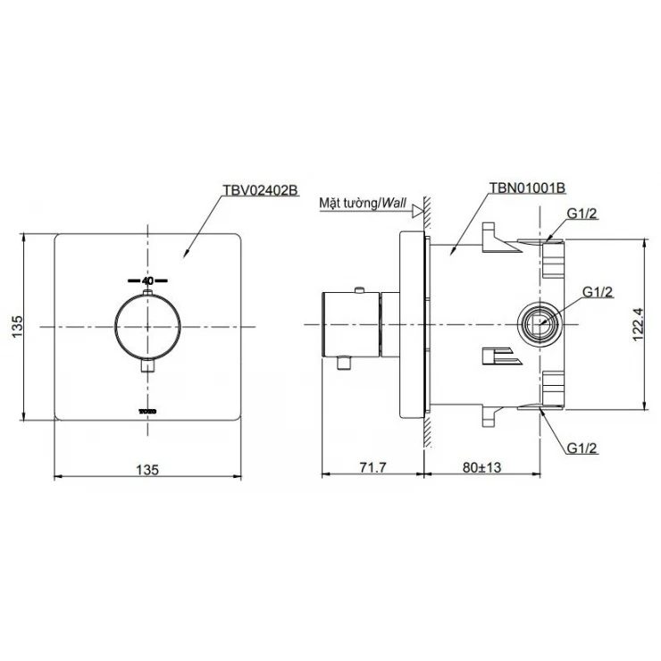 Bản vẽ van TOTO TBV 02402BA MBL điều chỉnh nhiệt độ lắp âm