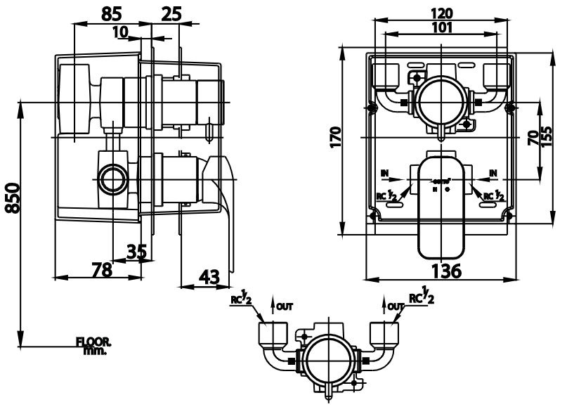 Bản vẽ van điều chỉnh CT2243A âm tường Cotto nóng lạnh 