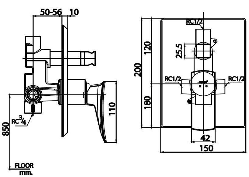 Bản vẽ kích thước van điều chỉnh âm tường Cotto CT2255A nóng lạnh