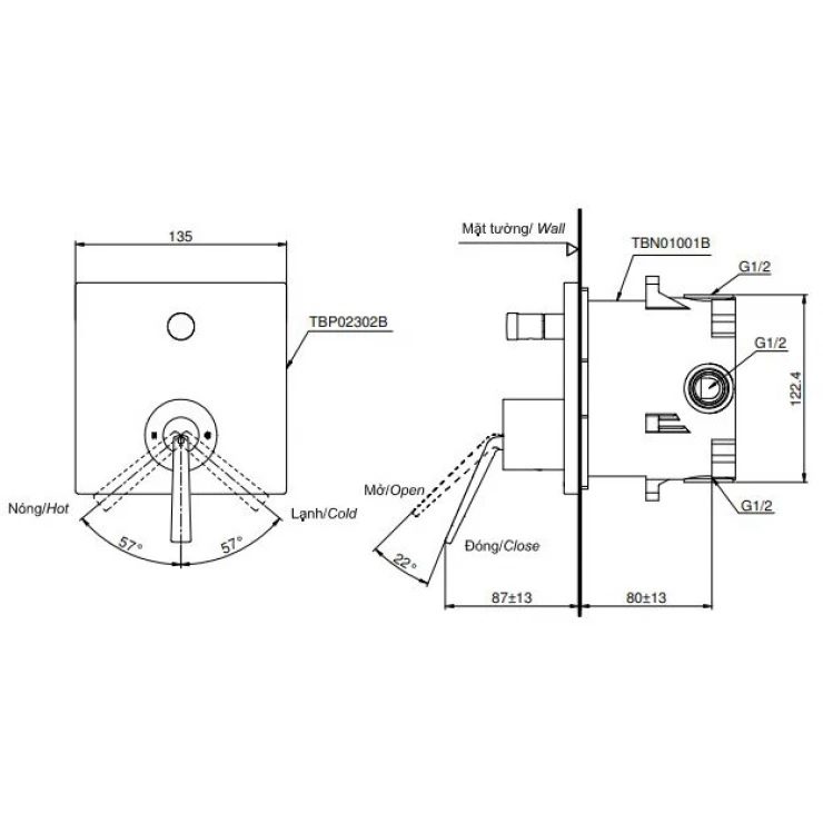 Bản vẽ van nóng lạnh TBP 02302BA MBL TOTO kèm nút chuyển hướng