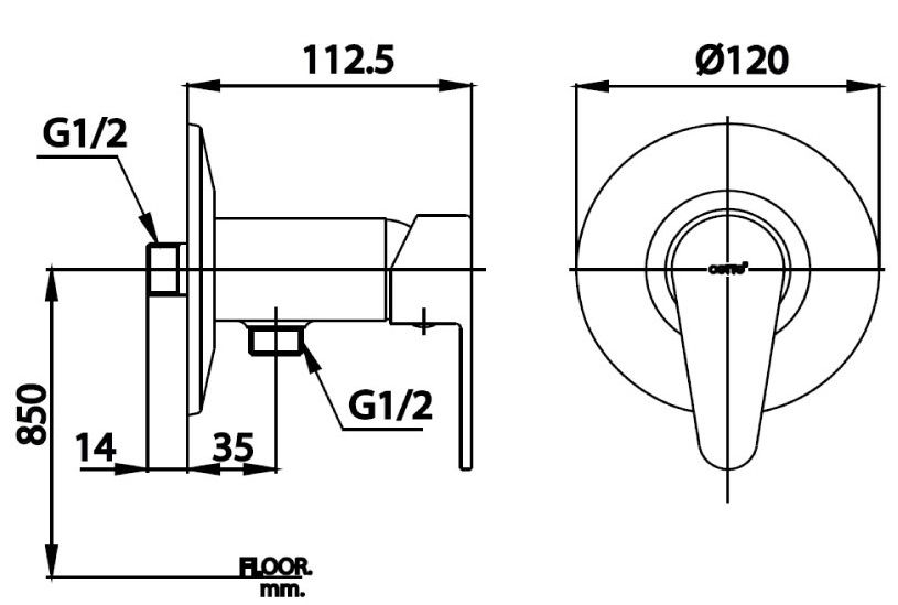 Bản vẽ kích thước van điều chỉnh âm tường ct 2291 a  Cotto