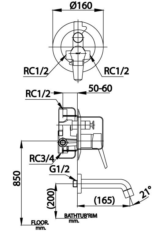 Bản vẽ van điều chỉnh âm tường ct 3009 ae Cotto nóng lạnh 