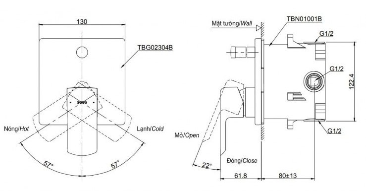 Bản vẽ van điều chỉnh nóng lạnh TBG02304BB-MBL/TBN01001B TOTO 
