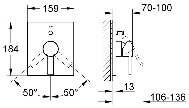 Bản vẽ kích thước van trộn Allure 19315000 Grohe