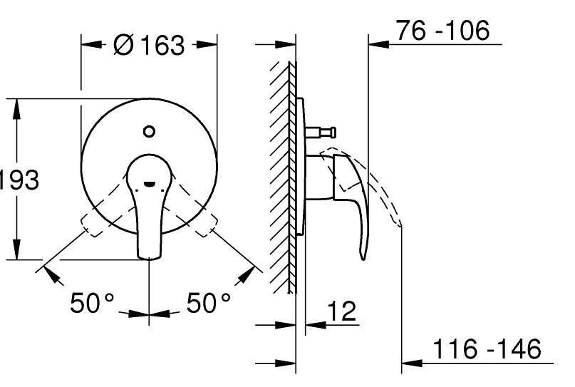 Bản vẽ kích thước van trộn Eurosmart 19450002 Grohe