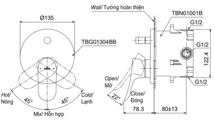 Bản vẽ van âm tường TOTO TBG01304BB#MBL+TBN01001B