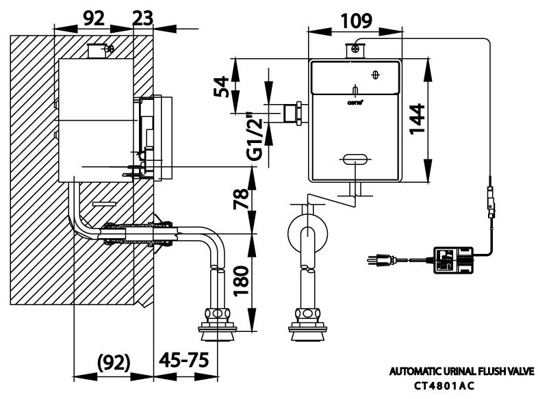 Bản vẽ kích thước van xả tiểu CT 4801 AC âm tường