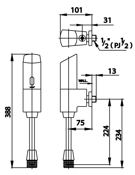 Bản vẽ kích thước van xả tiểu cảm ứng dùng pin ct 482 p
