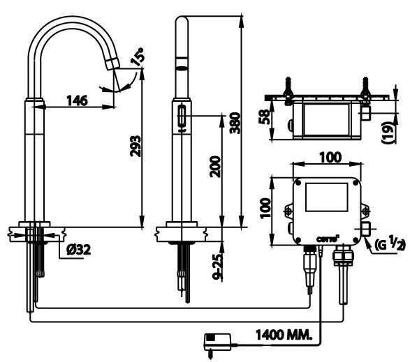 Bản vẽ kích thước vòi rửa chén cảm ứng  ct 5703 y ac lạnh 220V