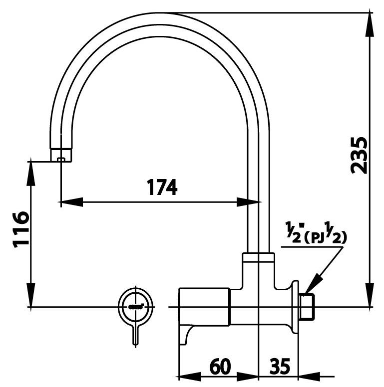 Bản vẽ kích thước vòi rửa chén gắn tường COTTO ct 1088c27 hm