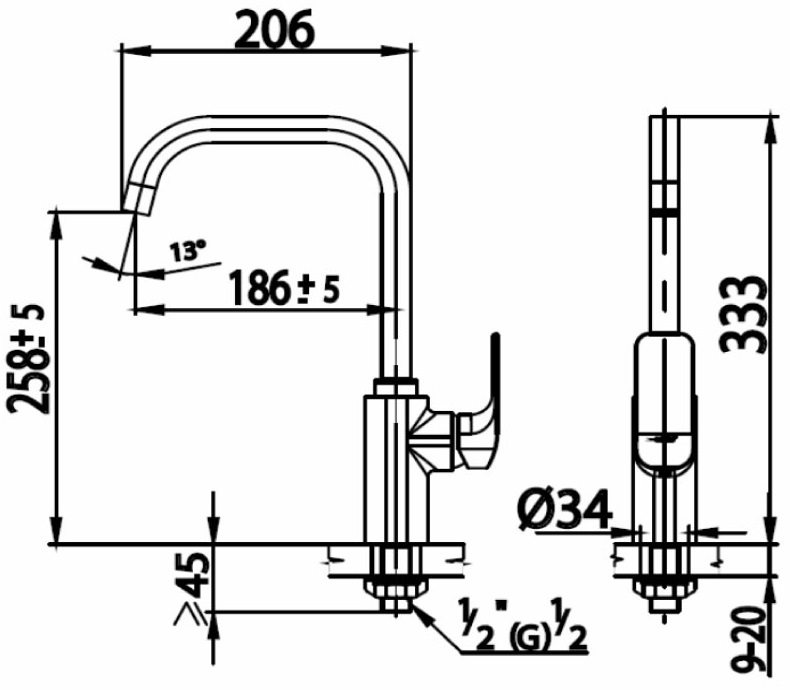Bản vẽ kích thước vòi bếp nóng lạnh cotto ct 1136 a 