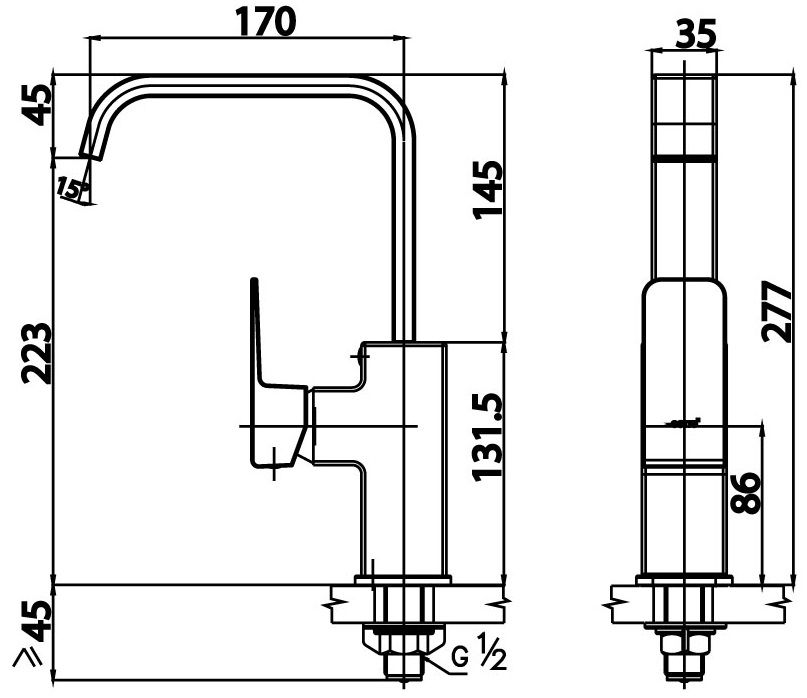 Bản vẽ kích thước vòi bếp nóng lạnh cotto ct 1172 a