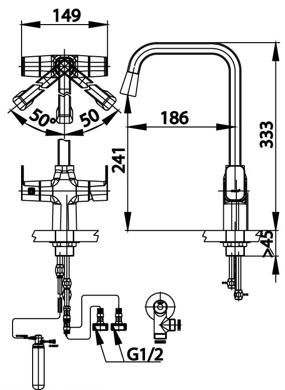 Bản vẽ kích thước vòi rửa chén nóng lạnh cotto ct 2126a