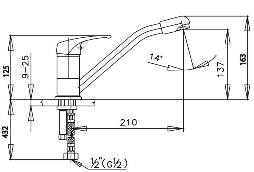 Bản vẽ kích thước vòi rửa chén cotto CT 288D nóng lạnh 