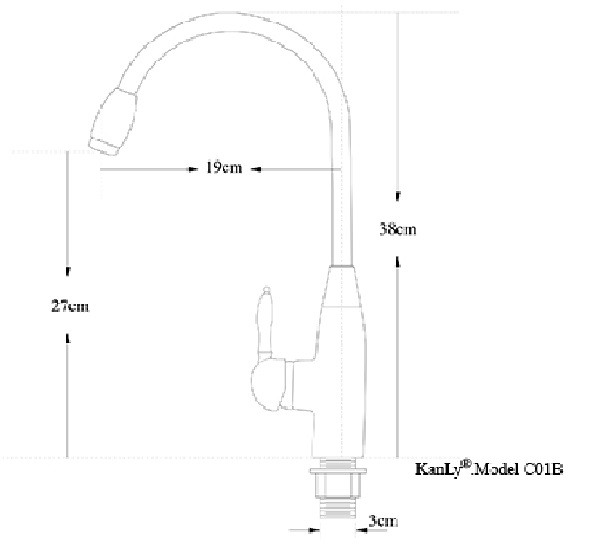Bản vẽ kích thước vòi rửa chén Kanly GCC01B màu đen