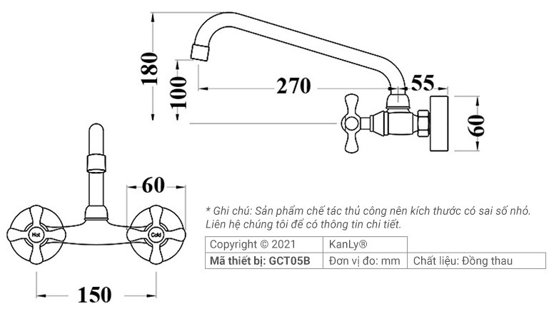 Bản vẽ kích thước vòi rửa chén Kanly GCT05B gắn tường