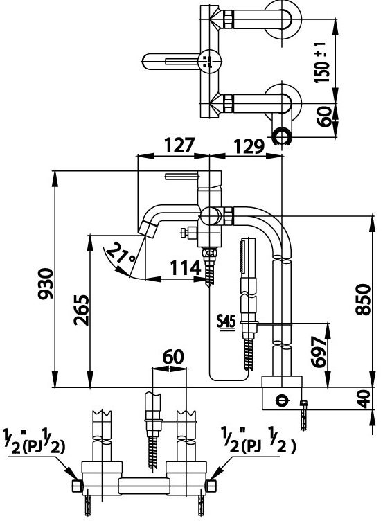 Bản vẽ kích thước sen cây bồn tắm Cotto CT338AXS45 đặt sàn