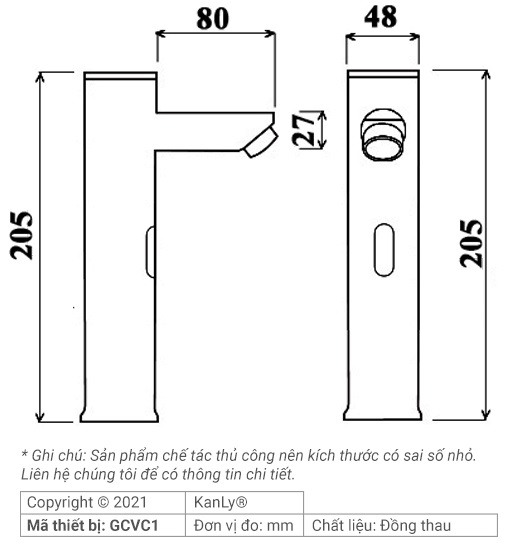 Bản vẽ kích thước vòi lavabo cảm ứng Kanly GCVC1