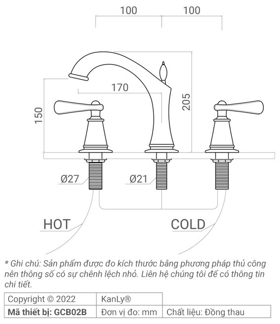 Bản vẽ kích thước vòi lavabo 3 lỗ Kanly GCB02B màu đen