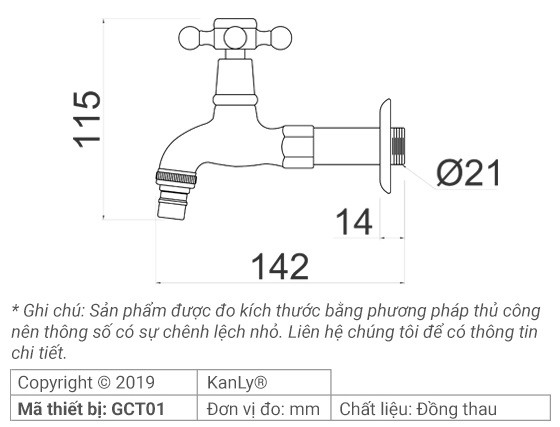 Bản vẽ kích thước vòi nước lạnh Kanly GCT01 gắn tường