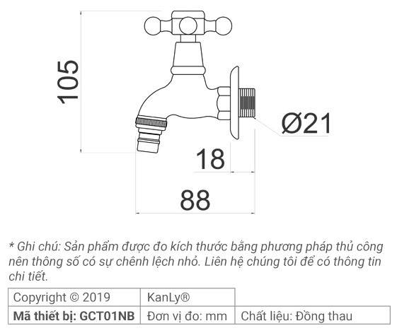 Bản vẽ kích thước vòi nước lạnh Kanly GCT01NB gắn tường