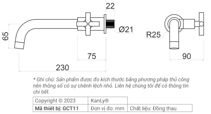Bản vẽ kích thước vòi nước lạnh Kanly GCT11 gắn tường