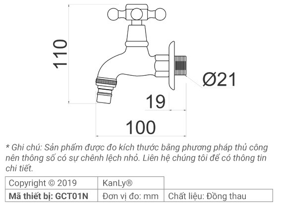 Bản vẽ kích thước vòi lạnh Kanly GCT01N gắn tường