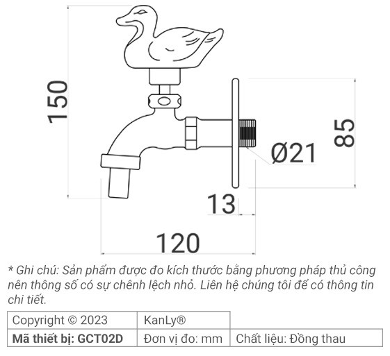 Bản vẽ kích thước vòi nước lạnh Kanly GCT02 gắn tường