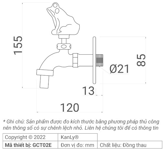 Bản vẽ kích thước vòi nước lạnh Kanly GCT02E gắn tường