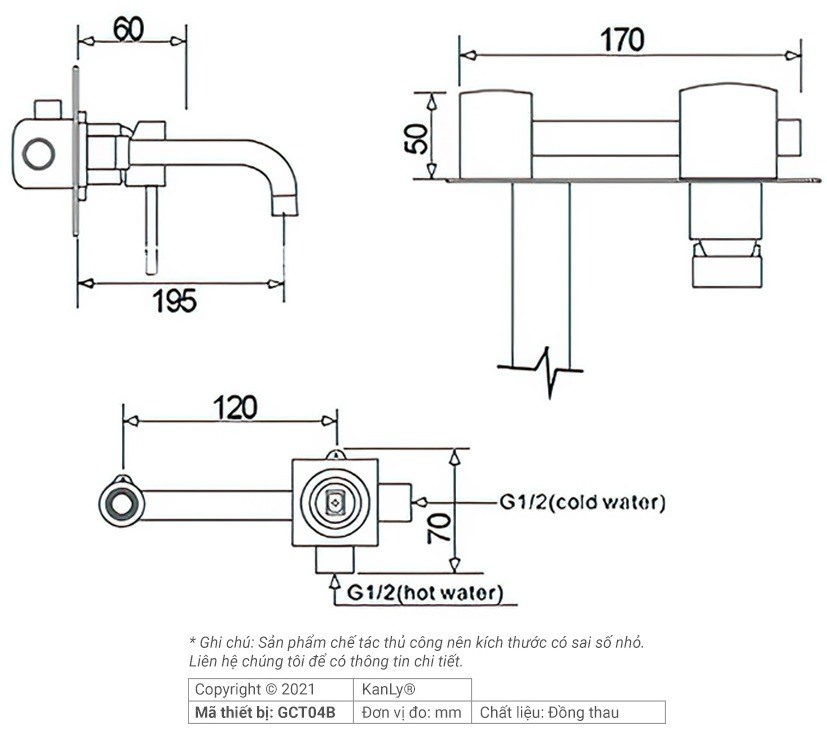 Bản vẽ kích thước vòi lavabo Kanly GCT04B gắn tường