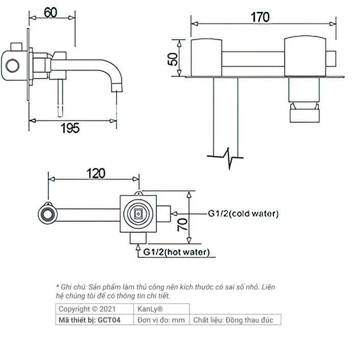 Vòi lavabo Kanly GCT04 Nóng Lạnh Gắn Tường Bằng Đồng