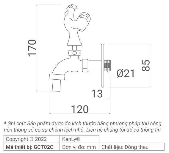 Bản vẽ kích thước vòi nước lạnh Kanly GCT02C gắn tường