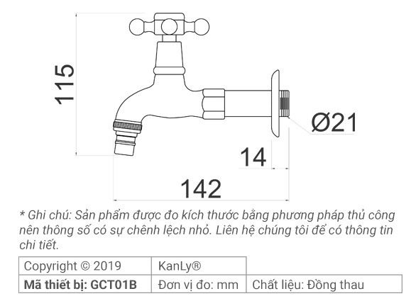 Bản vẽ kích thước vòi nước lạnh Kanly GCT01B gắn tường