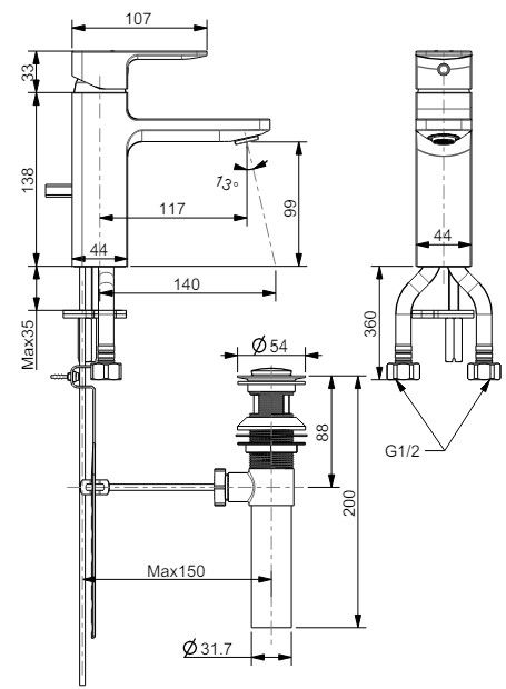 Bản vẽ kỹ thuật vòi chậu lavabo American WF1301WS vàng hồng