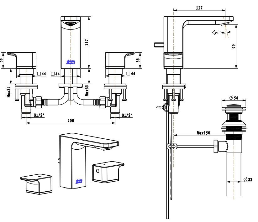 Bản vẽ kích thước vòi chậu rửa mặt American WF1303WS 3 lỗ
