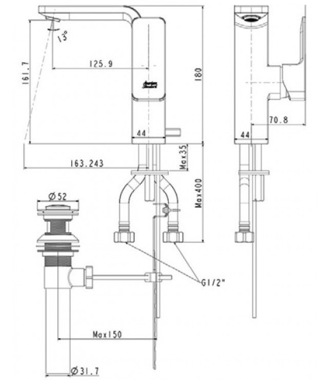 Bản vẽ kích thước vòi chậu lavabo WF1305CS nóng lạnh