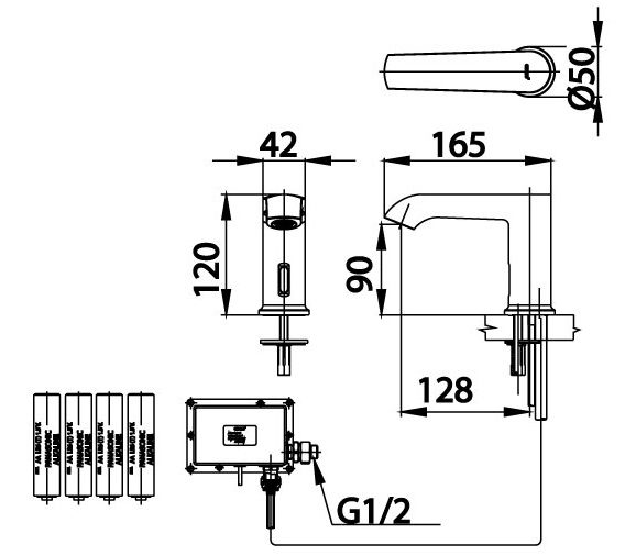 Bản vẽ kích thước vòi cảm ứng dùng điện ct 4905 dc Cotto