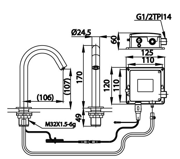 Bản vẽ kích thước vòi cảm ứng dùng điện CT 4907 AC Cotto
